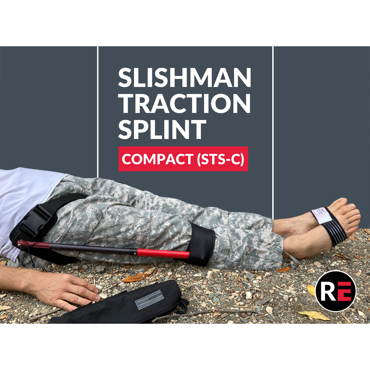 Slishman Traction Splint Compact (STS-C) by rescue essentials shown on leg with title