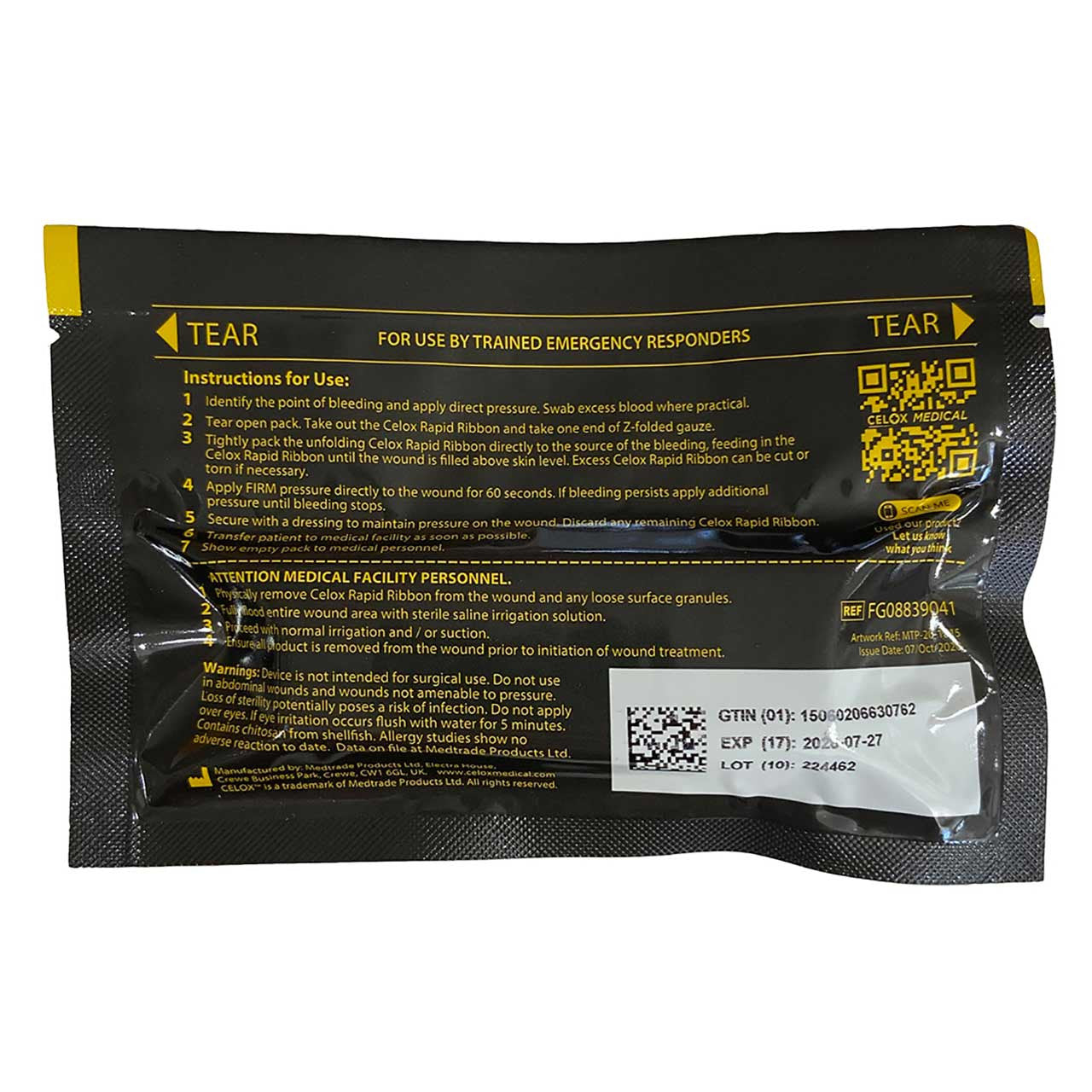 Celox Rapid Ribbon by Celox z-fold, back of package
