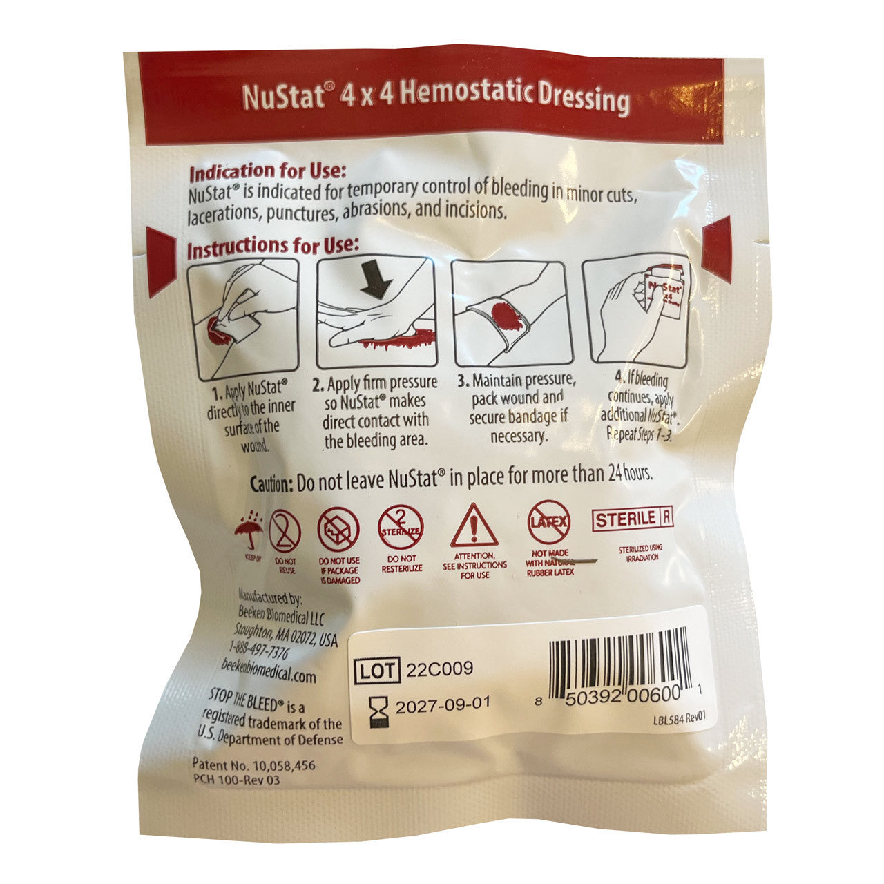 NuStat 4x4 Hemostatic Dressing packaged, Back