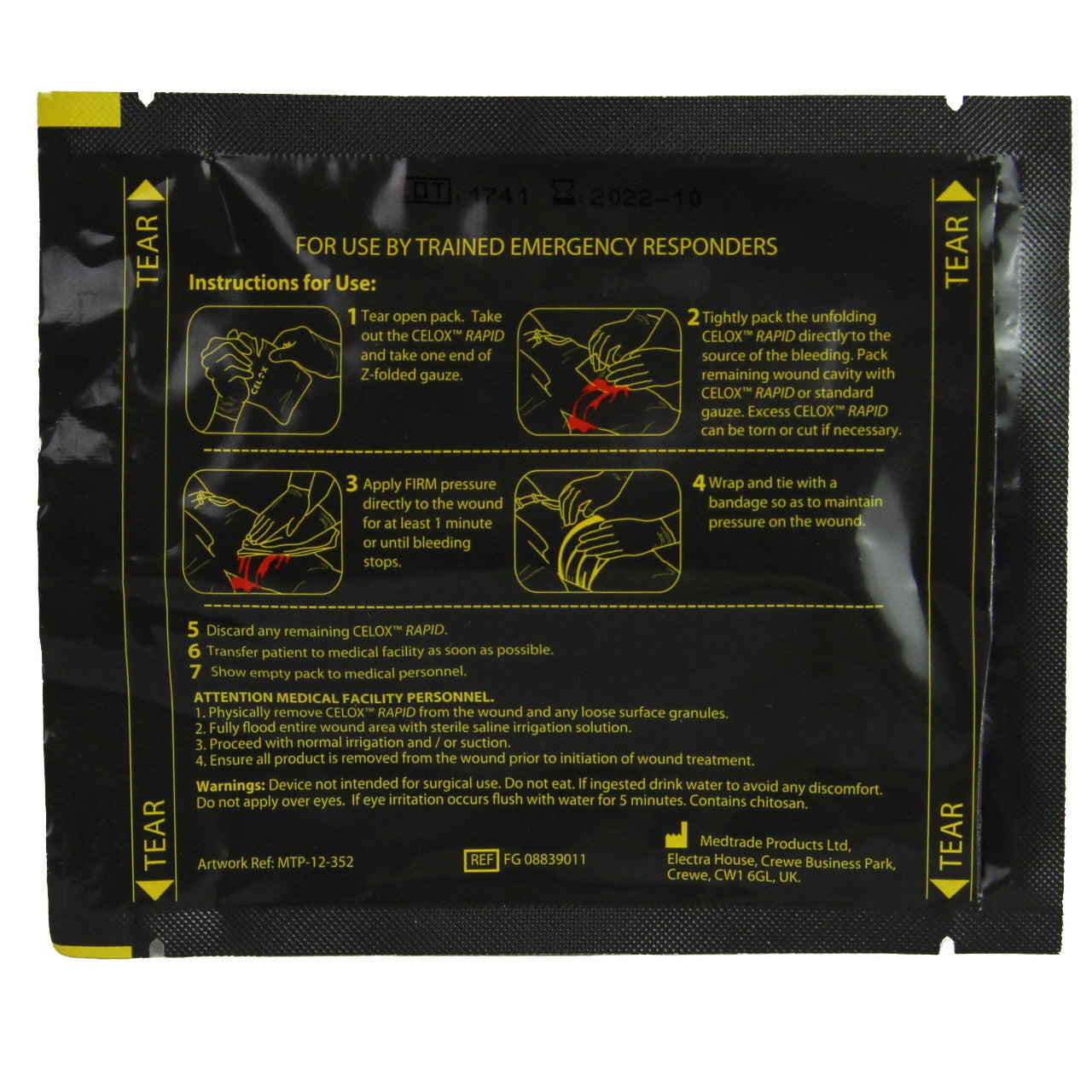 Celox Rapid Gauze, back of packaging