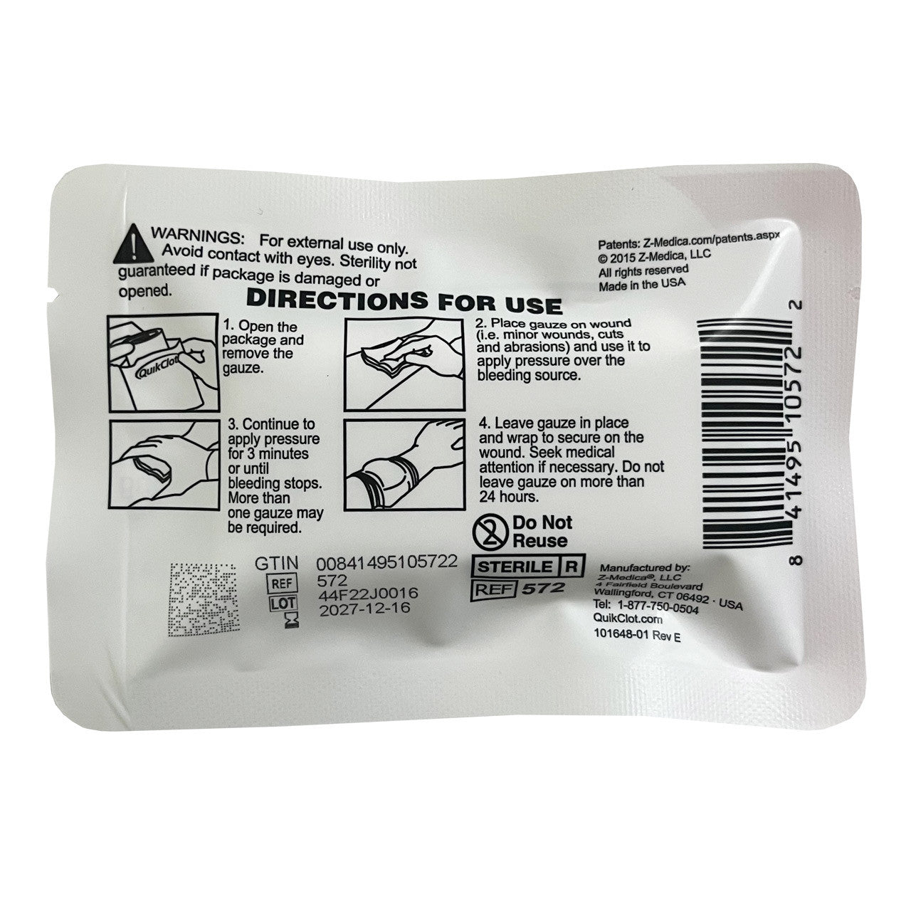 QuikClot® Bleeding Control Dressing, packaged (back)