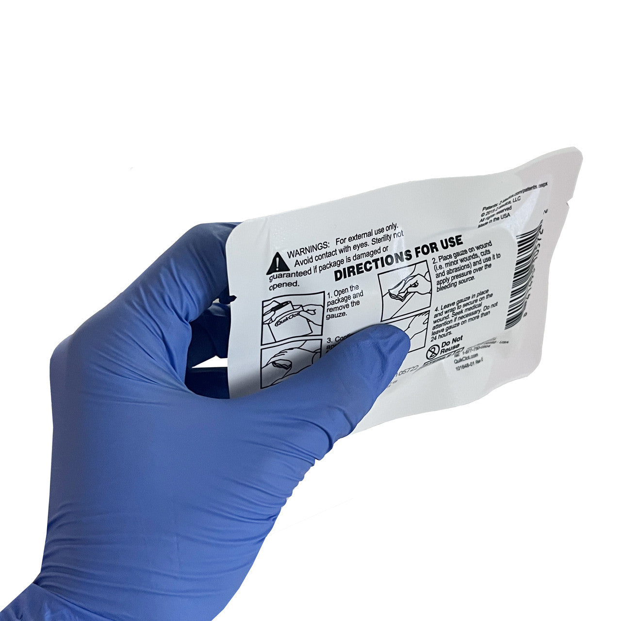 QuikClot® Bleeding Control Dressing, packaged (back side)