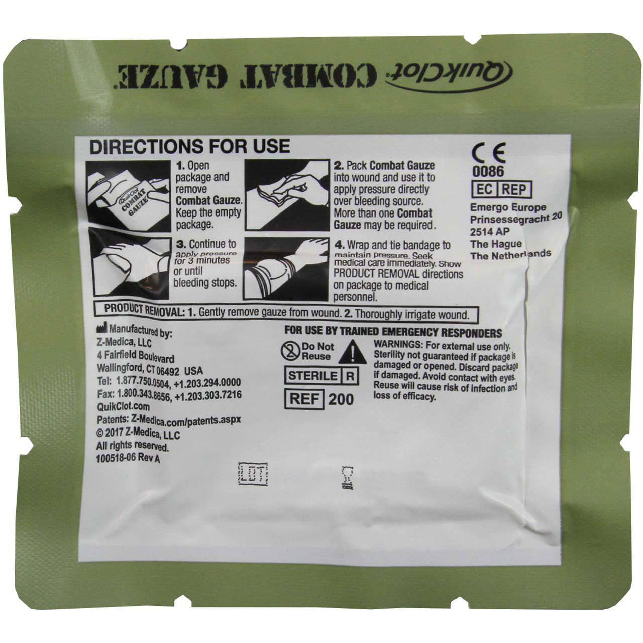 Combat Gauze hemostatic dressing by QuikClot military version back
