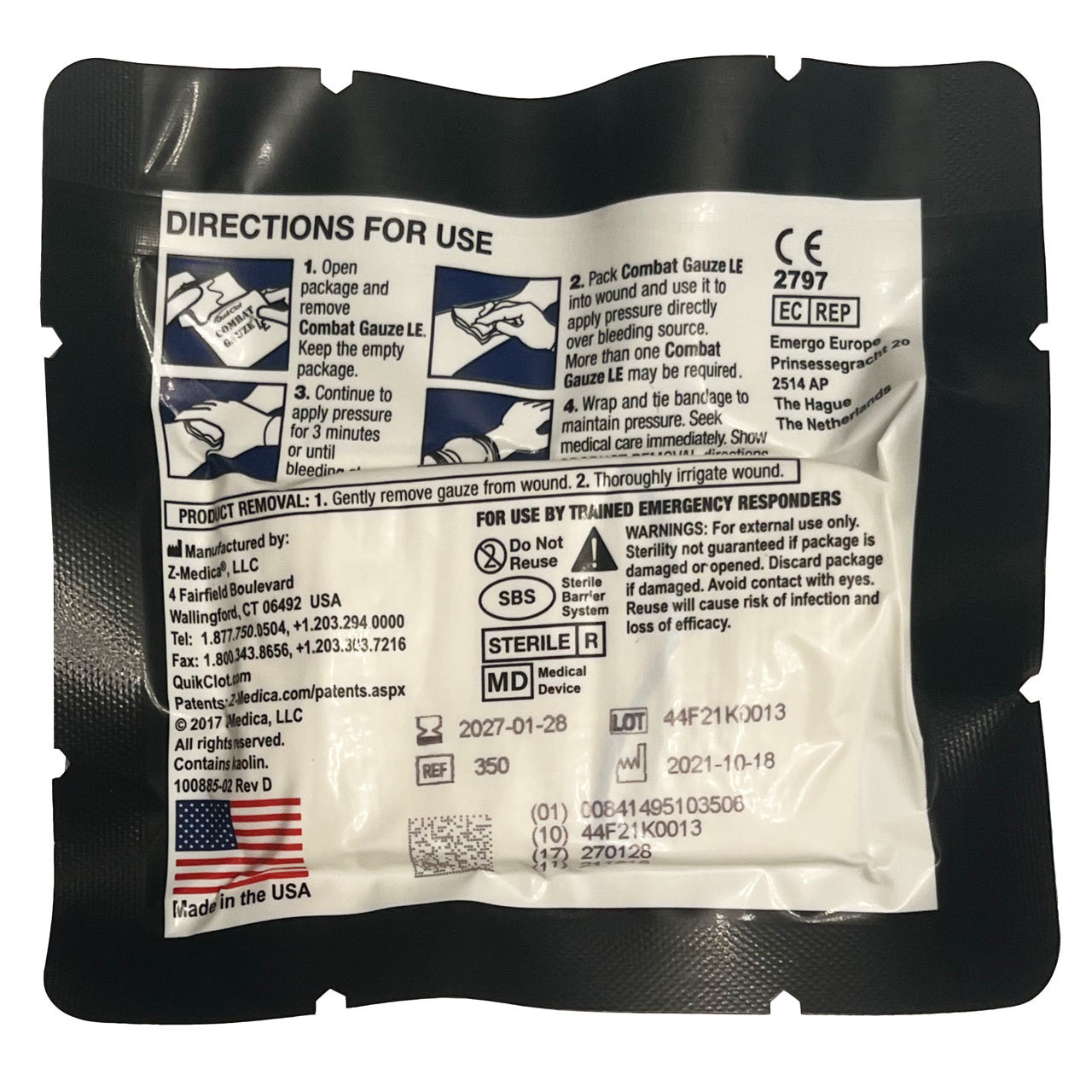 QuikClot EMS Starter Pack, dressing, combat gauze back