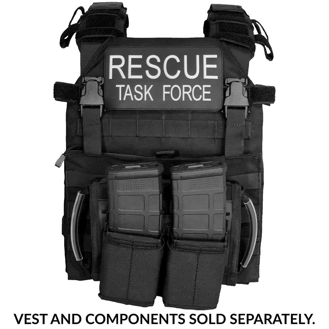 Rescue Essentials FLAT IFAK, kit packed and MOLLE mounted on a Rescue Task Force (RTF) vest with magazine holders and magazines mounted to the front