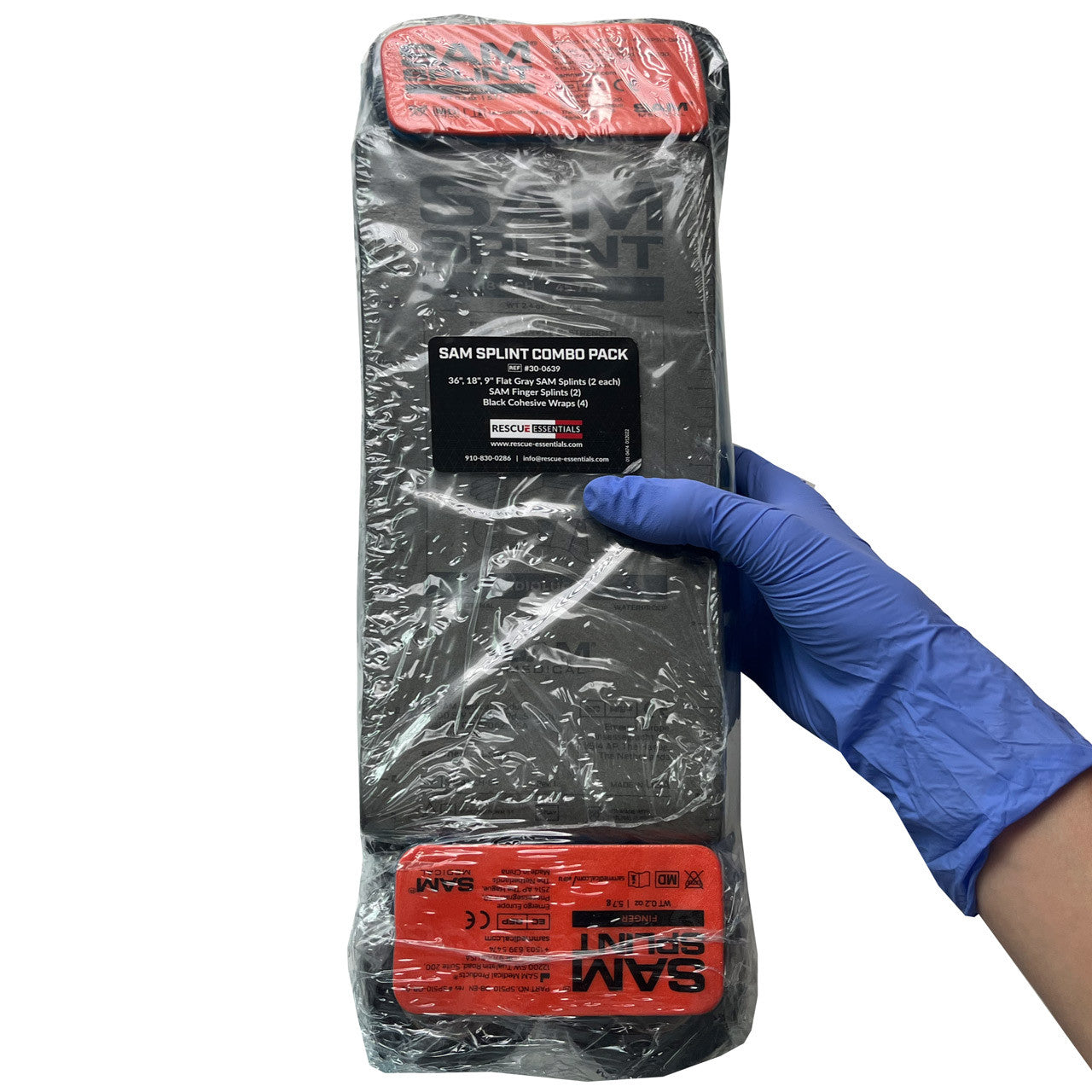 SAM Splint Combo Pack (2 x Finger, 9", 18", 36" SAM Splints with 4 Cohesive Wrap Rolls)