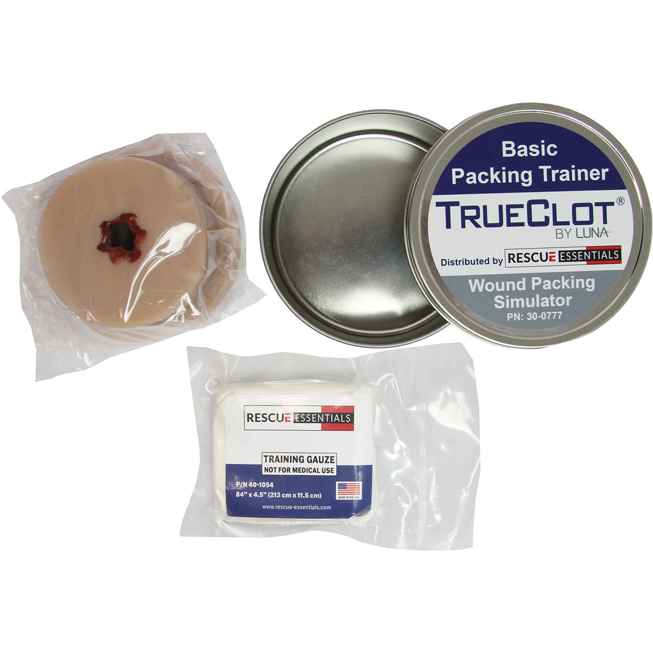 Luna TrueClot Basic Packing Trainer (BPT) with components displayed including training simulator, training gauze, and storage tin