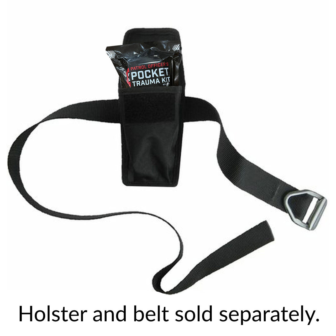 Patrol Officer's Pocket Trauma Kit shown mounted with a belt. Belt not included.