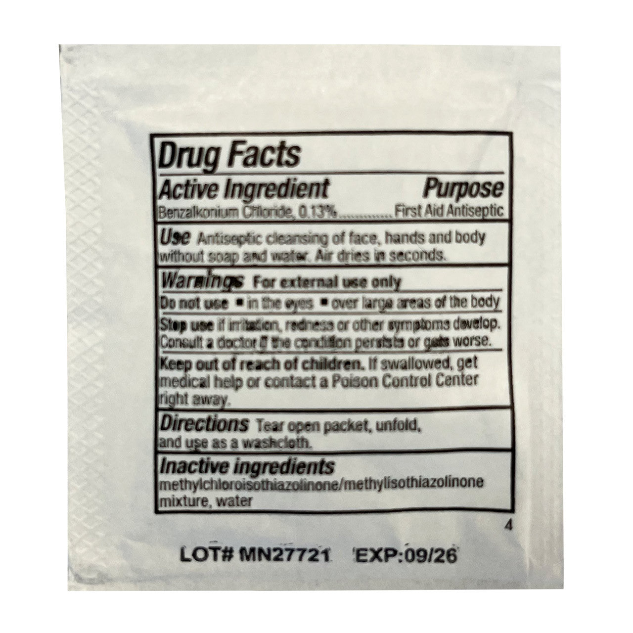 single BZK Antiseptic Towelette, back