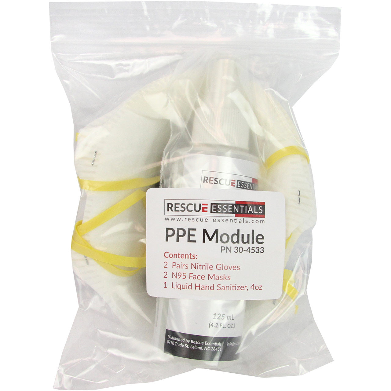 PPE Module by rescue essentials showing nitrile gloves, 4oz hand sanitizer and N95 masks inside bag