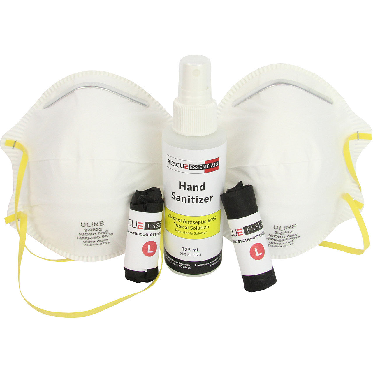 PPE Module by rescue essentials showing nitrile gloves, 4oz hand sanitizer and N95 masks