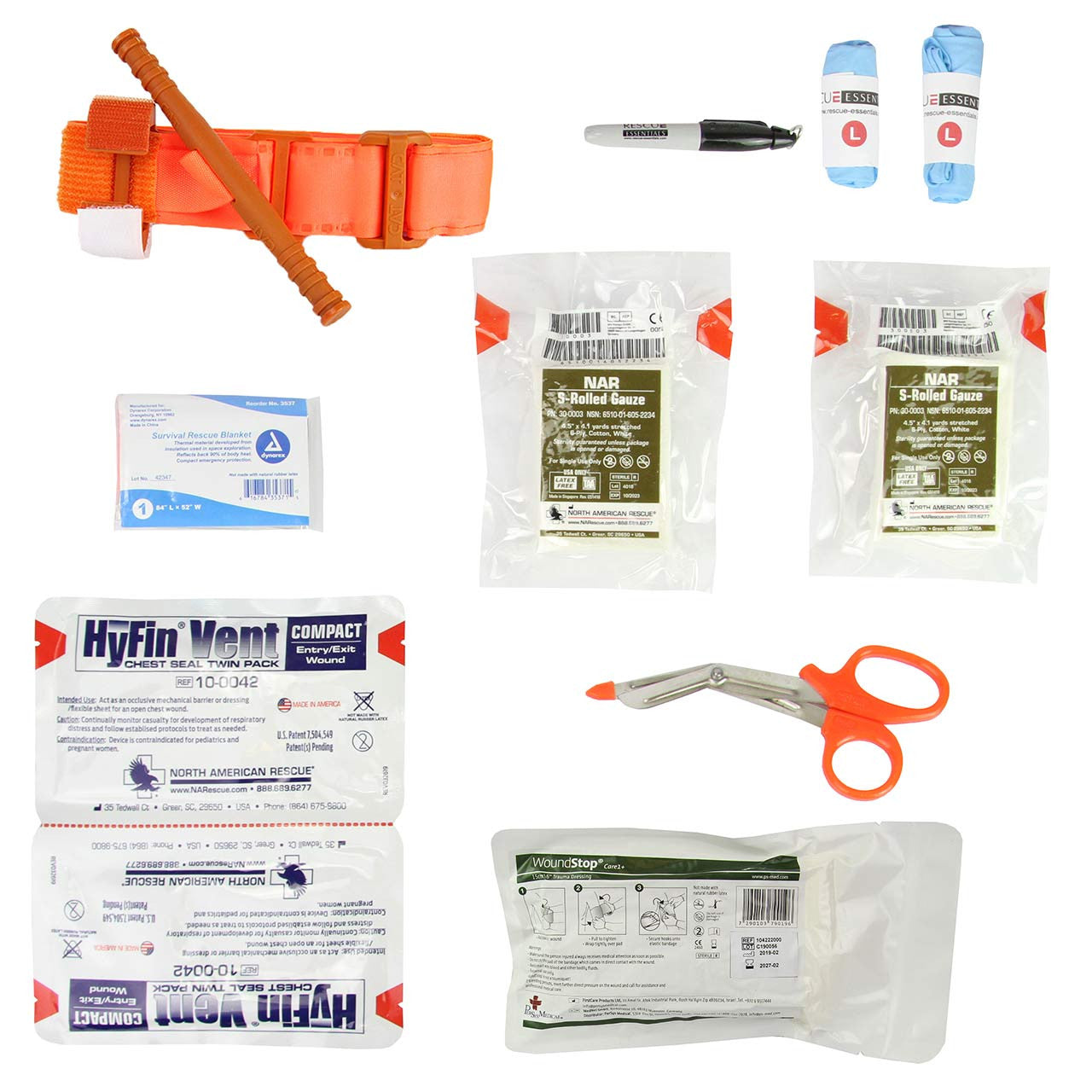 Bleeding Control Station individual IFAK contents laid out flat by rescue essentials