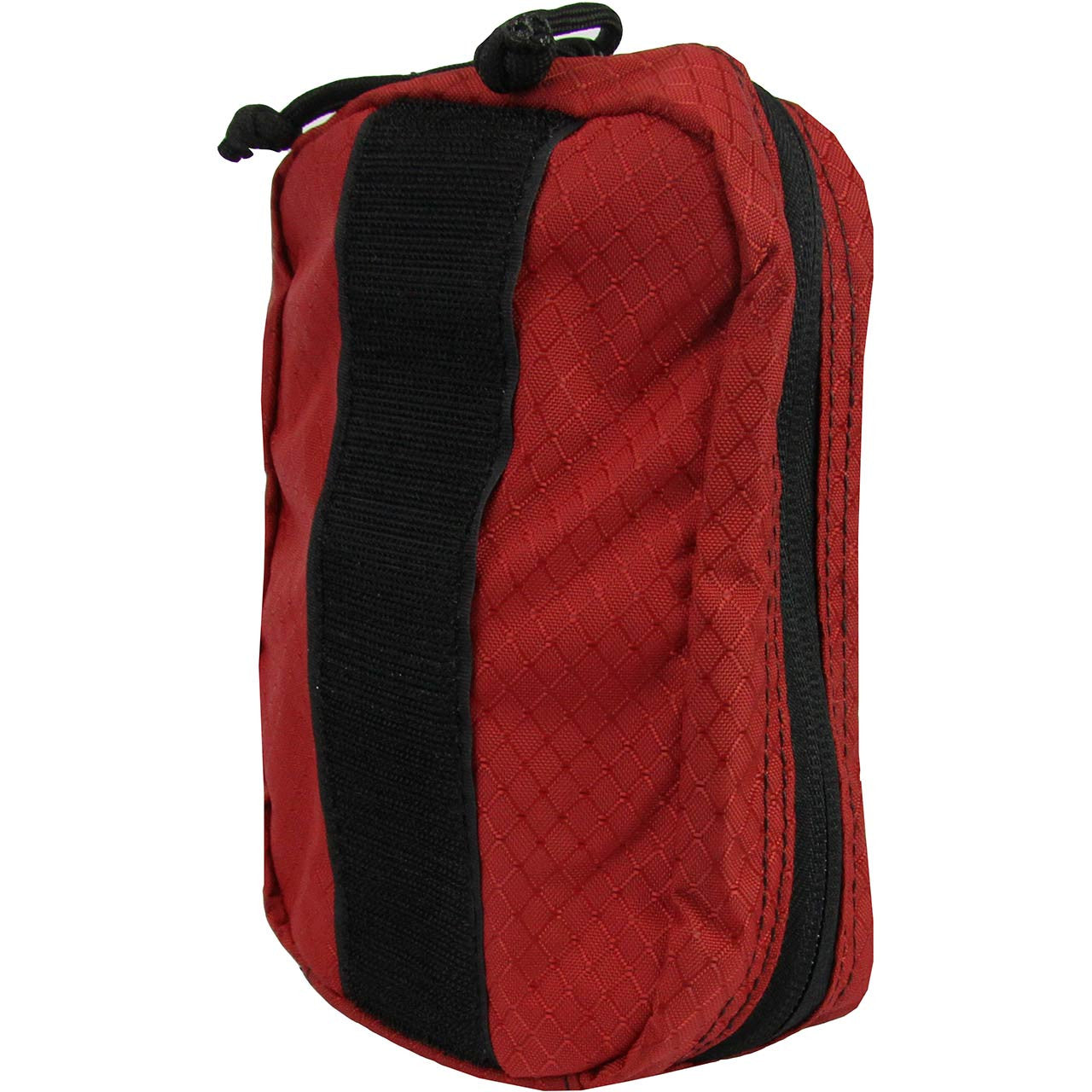 Bleeding Control Station IFAK - Intermediate pouch containing Stop the Bleed products, packed in a closed, red, nylon pouch, back, showing Velcro strip