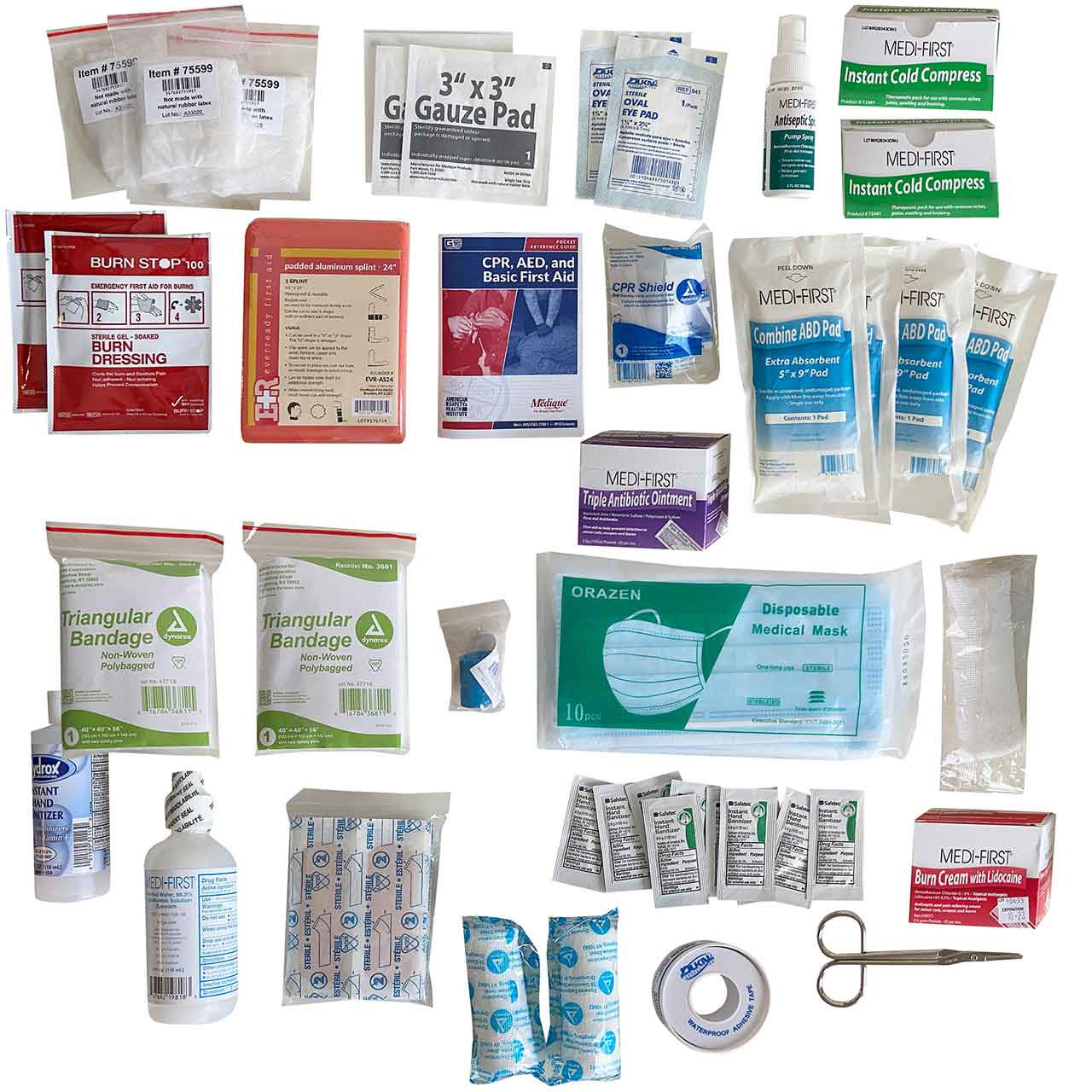 First Aid Kit, contents laid out