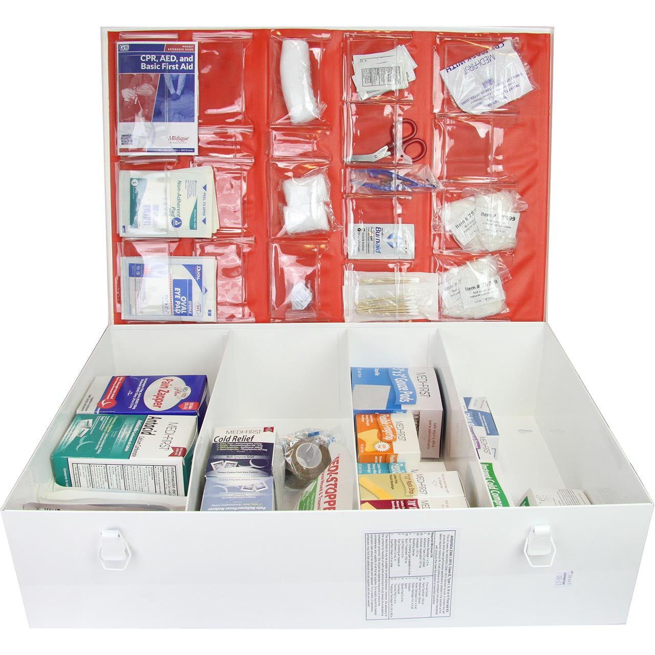 Class B 4-Shelf ANSI-Rated First Aid Kit 150 Person, shown open and flat on table