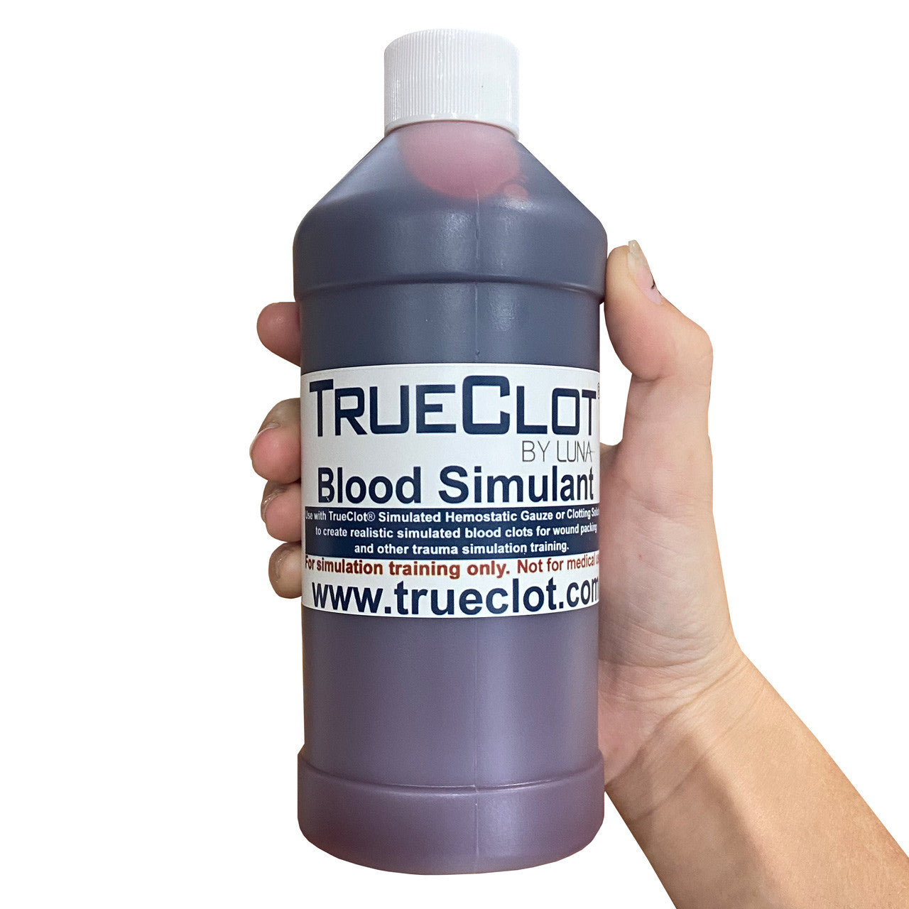 Blood Simulant, Pre-Mixed by TrueClot bottle in hand