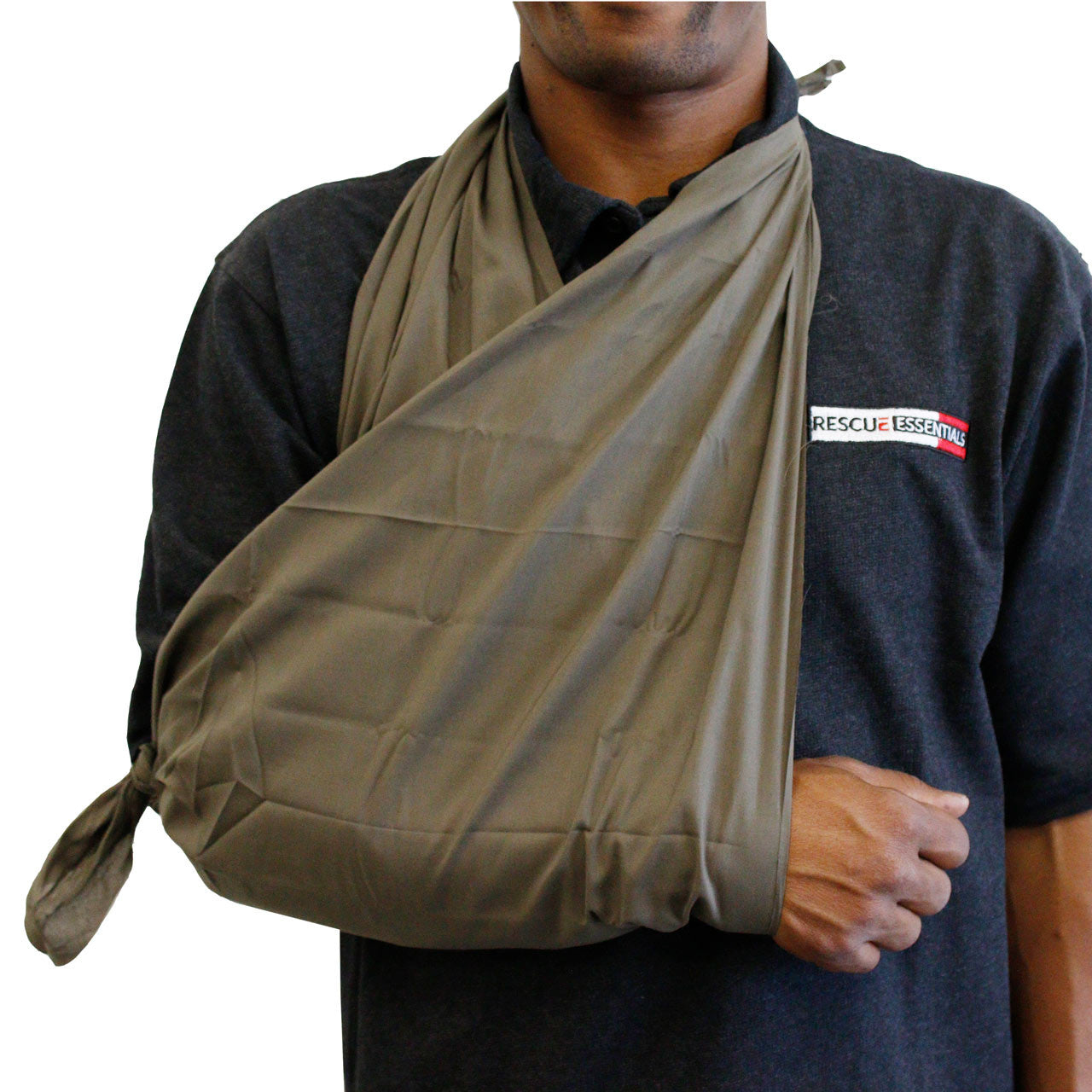 Rescue Essentials Triangle Bandage in use as sling