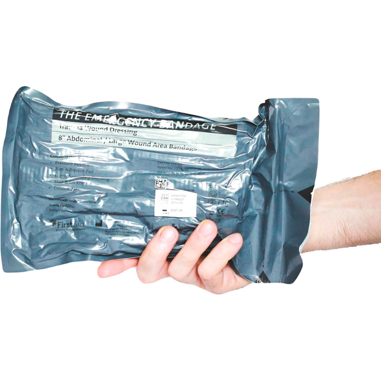 Israeli Abdominal Emergency Bandage, Green, 8" Wide with 12"X12" Pad & Pressure Bar by PerSys Medical in package front side
