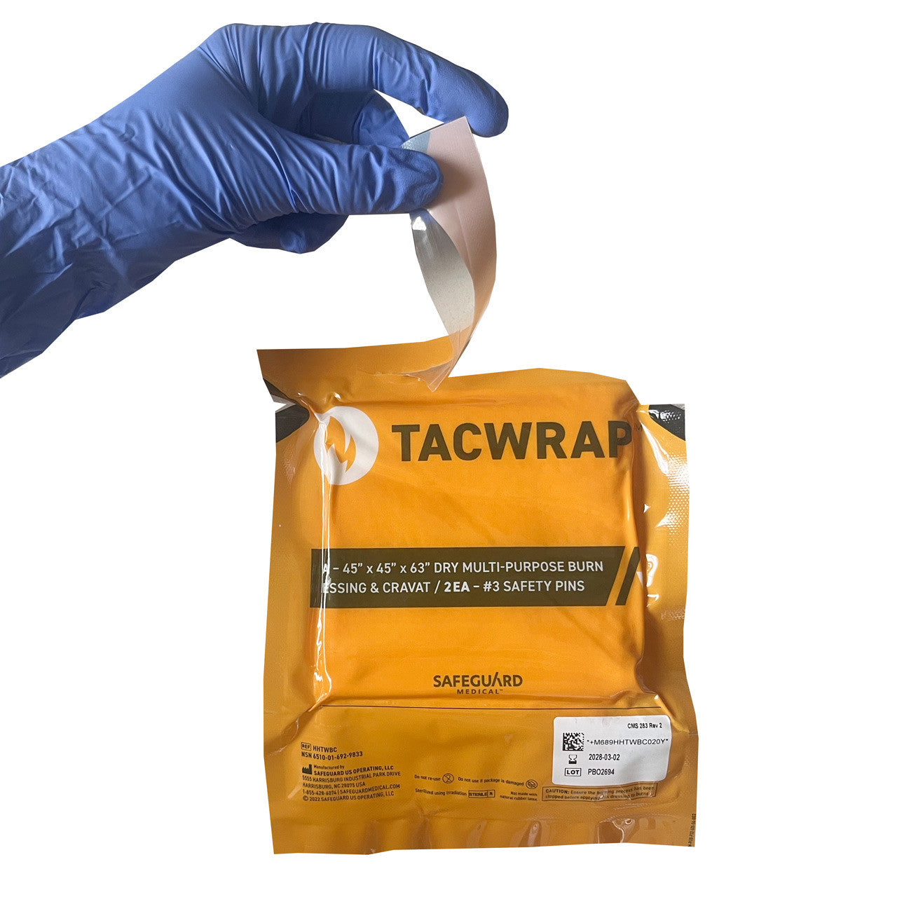 TACWrap Multi-purpose Dry Burn Dressing/Cravat being opened