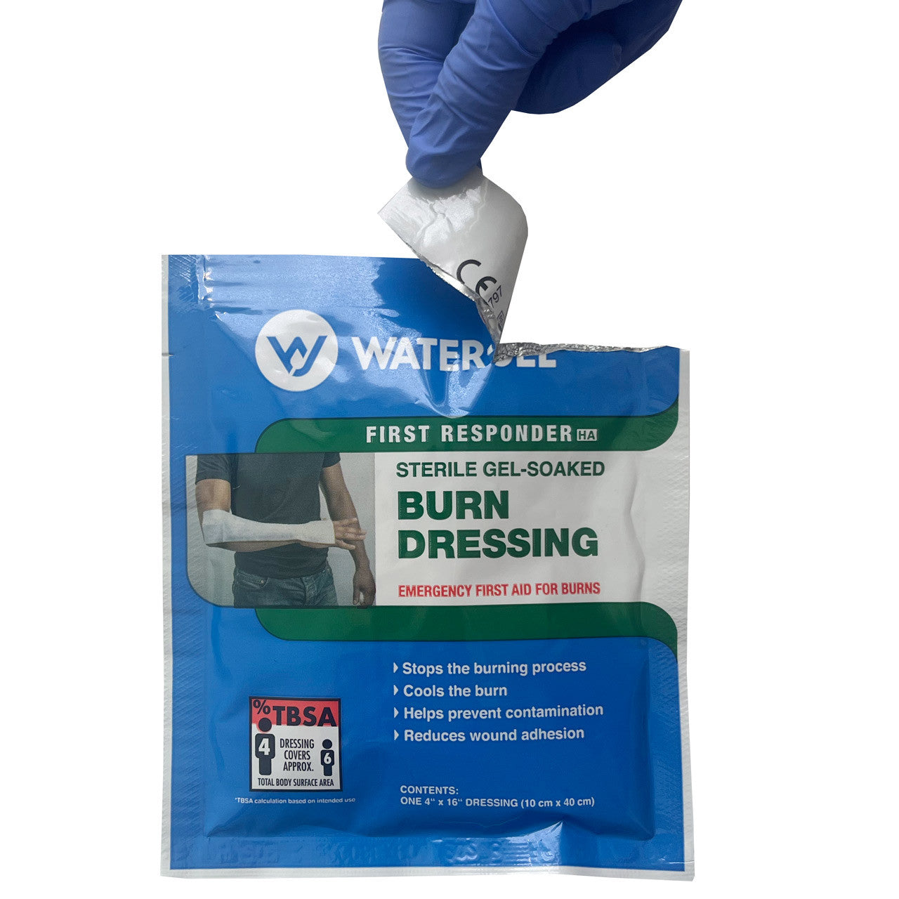 Water-Jel® 4" x 16" Burn Dressing, being opened