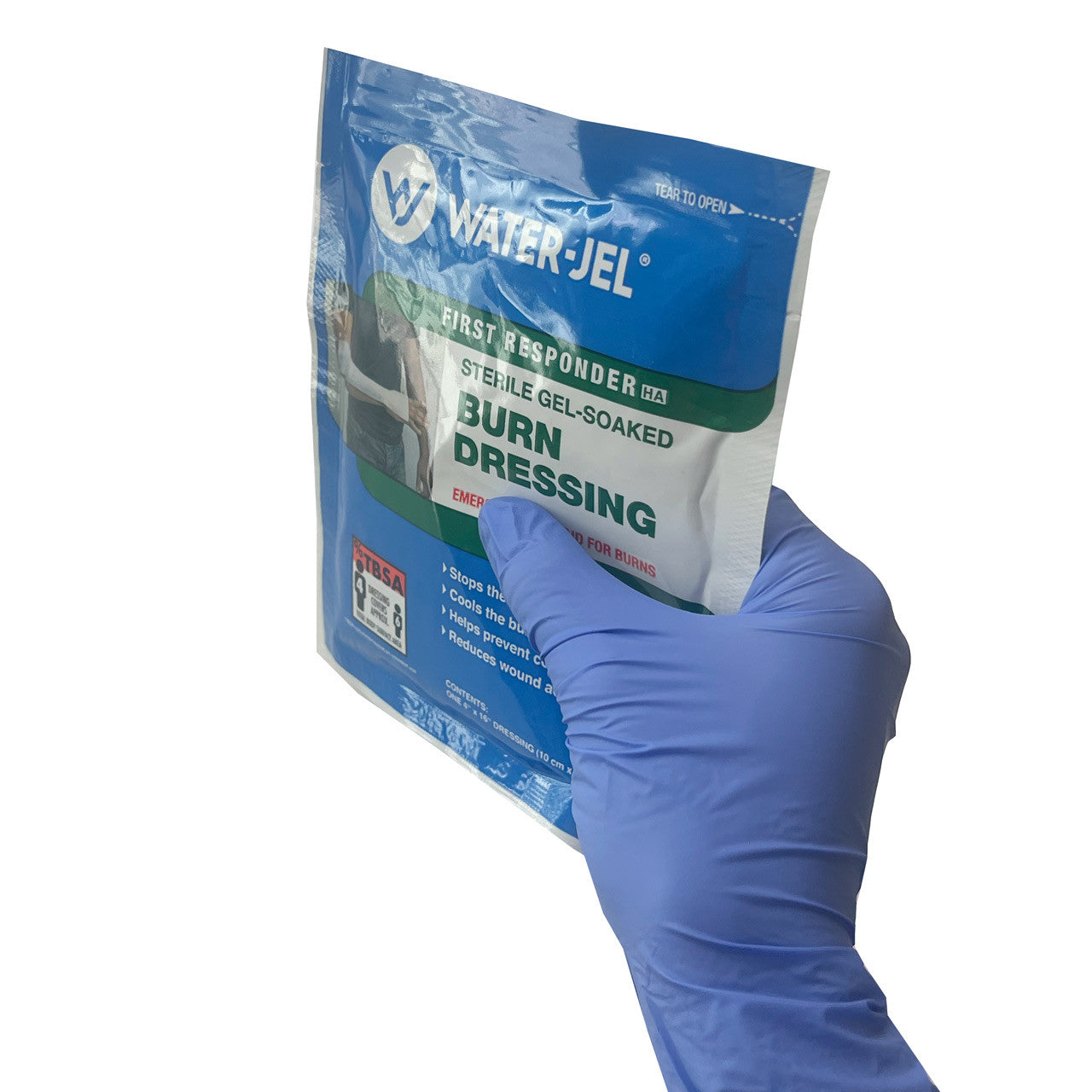 Water-Jel® 4" x 16" Burn Dressing, packaged in hand (front)