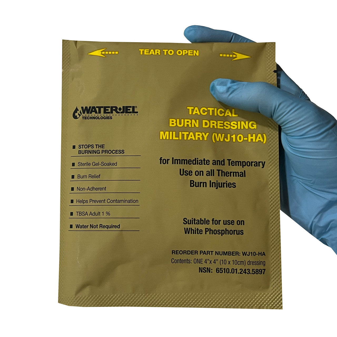Water-Jel® Military Burn Dressing, packaged in hand