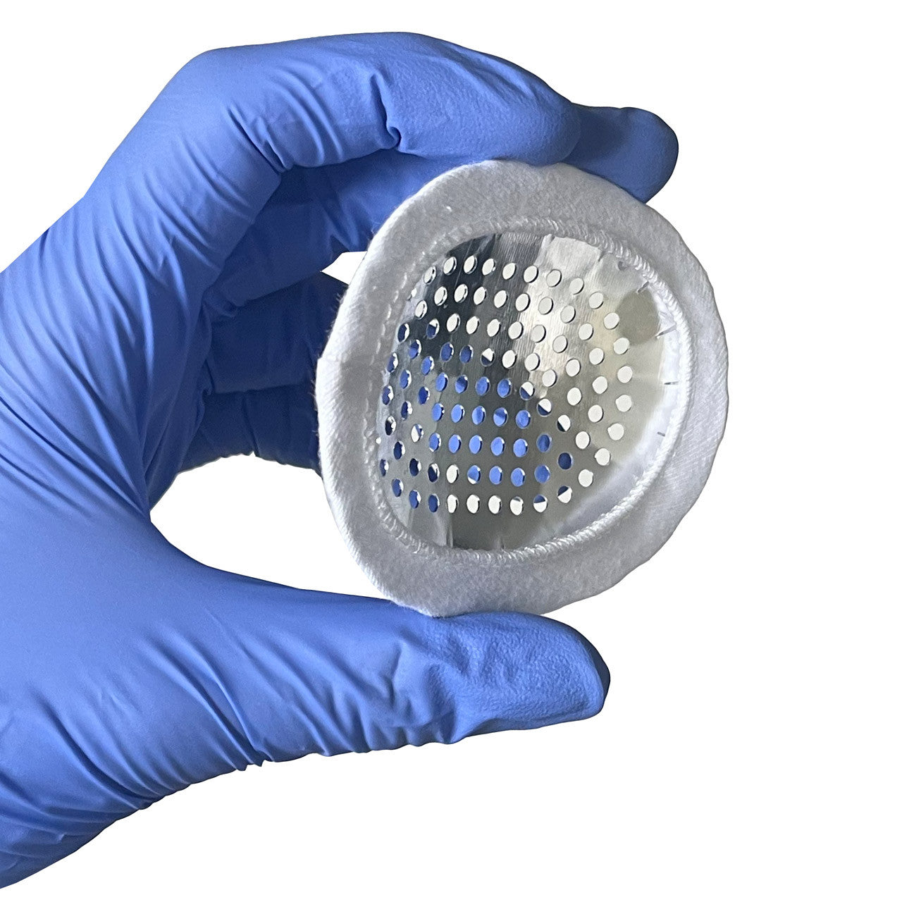 Fox Aluminum Eye Shield, held in hand side angle