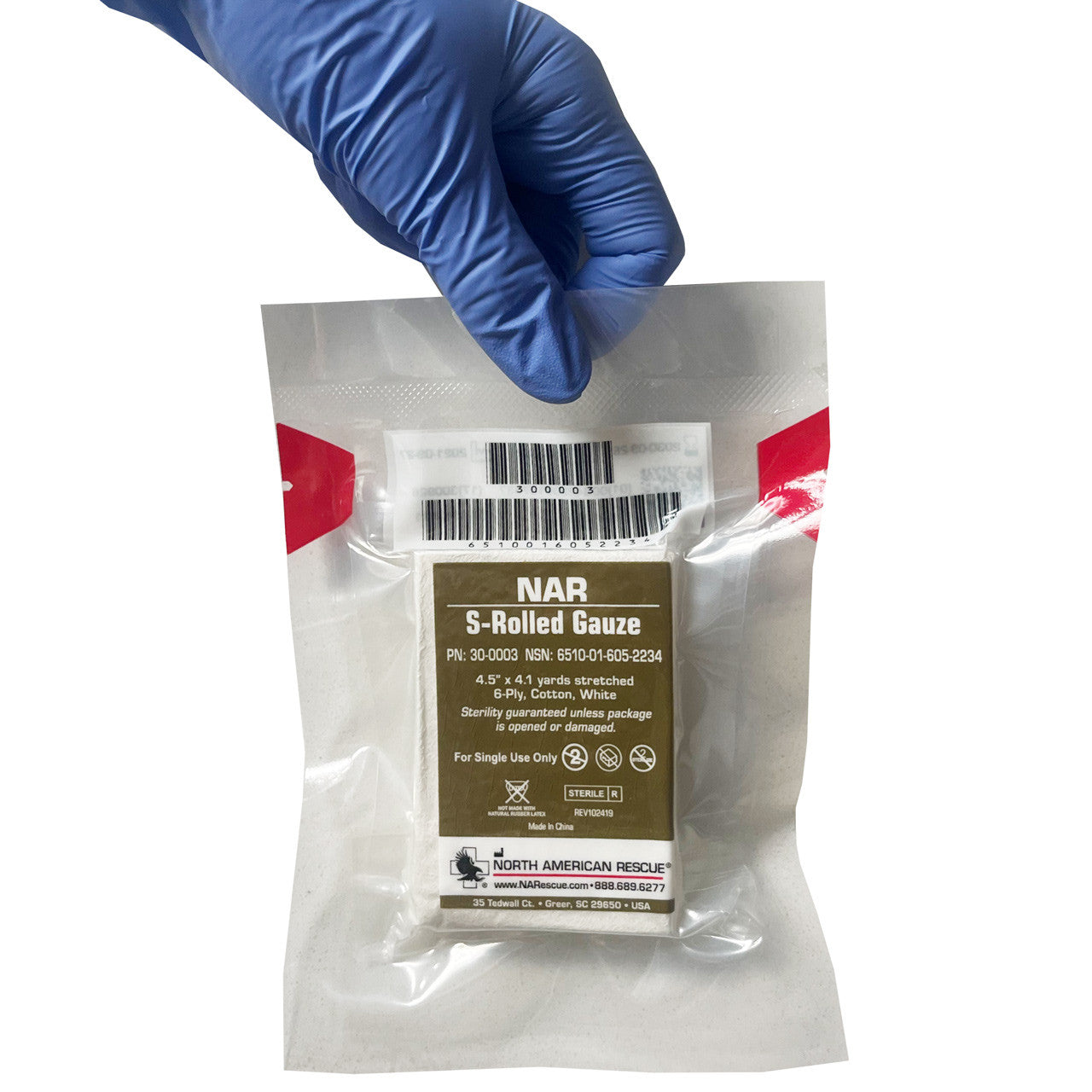 NAR S-Rolled Gauze, in hand