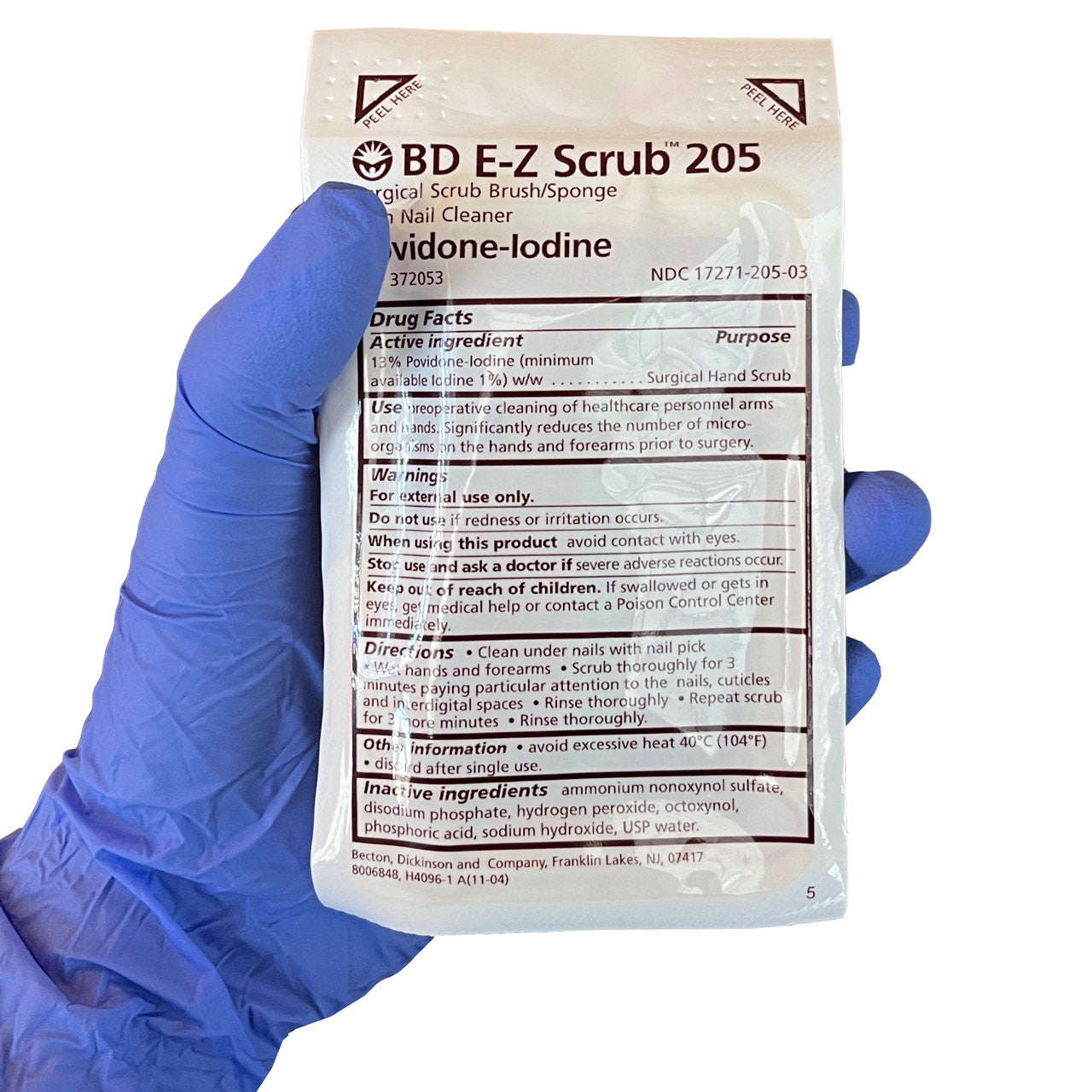 Povidone Iodine Surgical Scrub Brush/Sponge, packaged in hand (front)