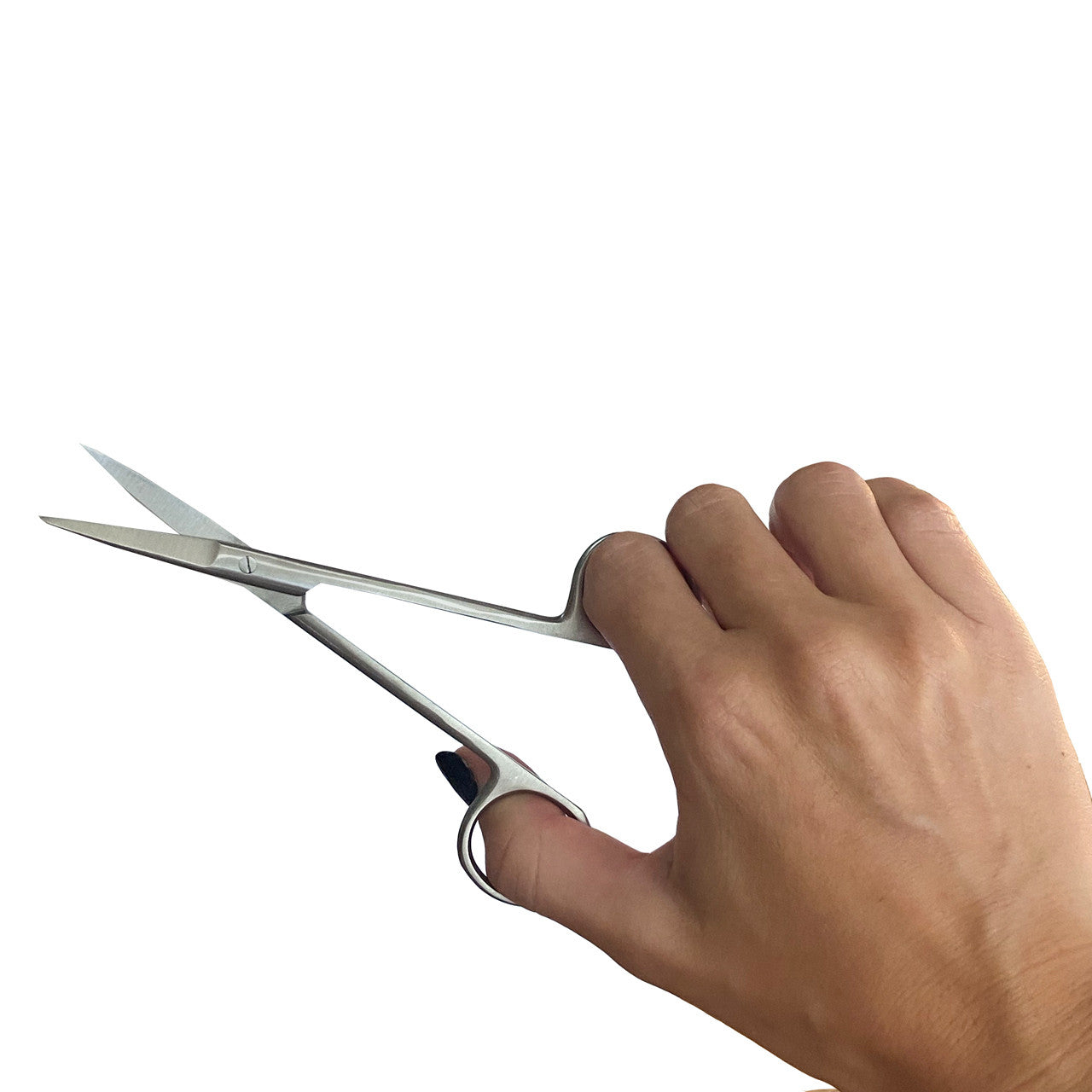 Ango 5" Iris Stainless Steel Scissors, Straight, in hand