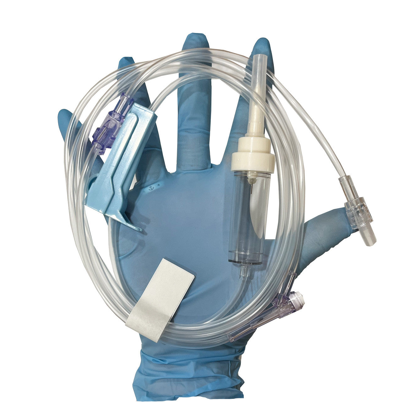 60 DPM Needleless IV Admin Set, all contents in hand