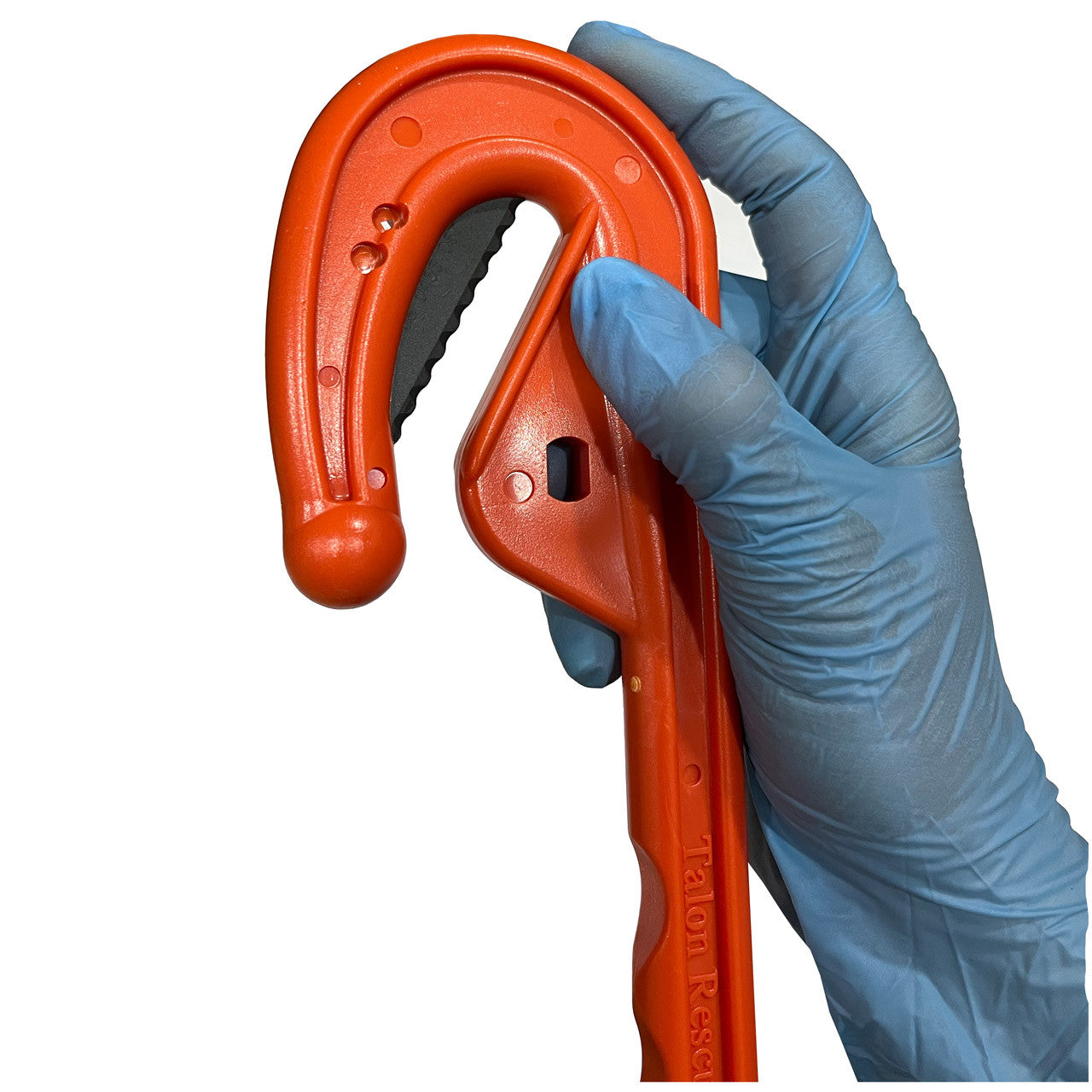 Orange Emergency Clothing Knife, in hand