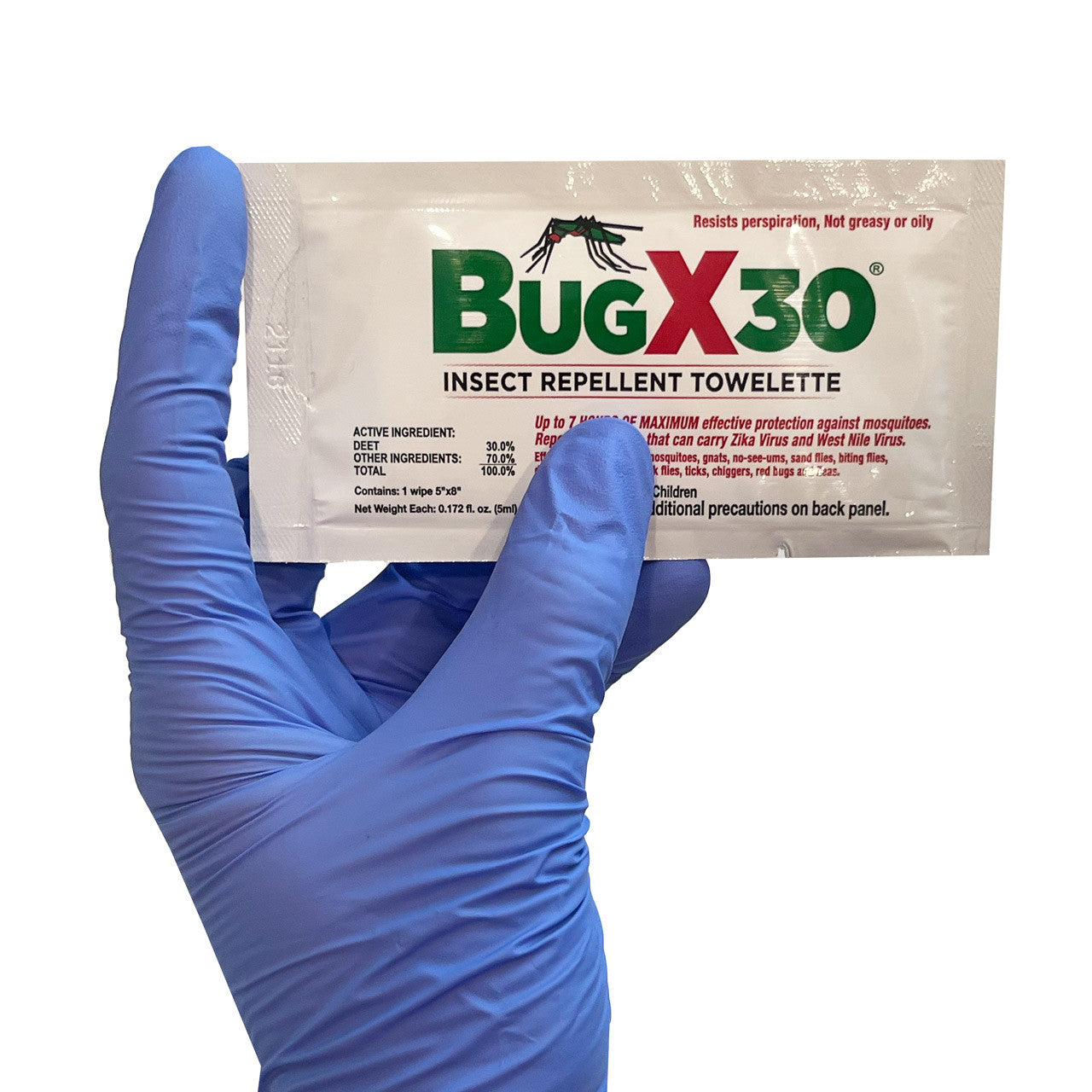 BugX® Towelette, packaged in hand
