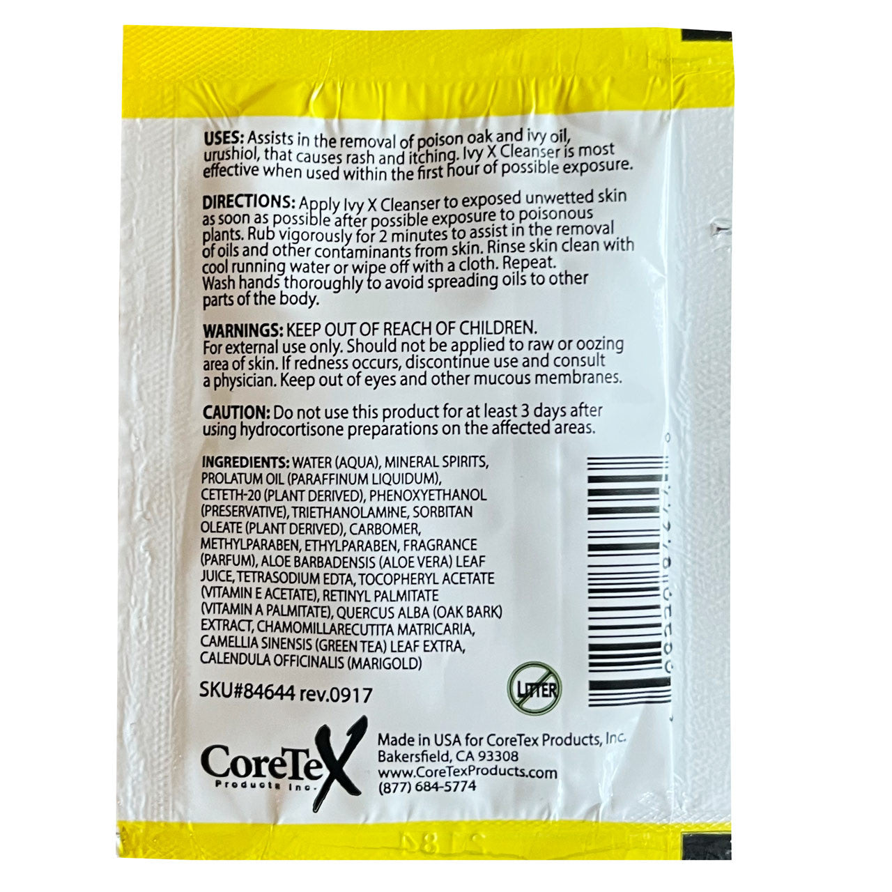 Cleanser Towelette, back of packaging
