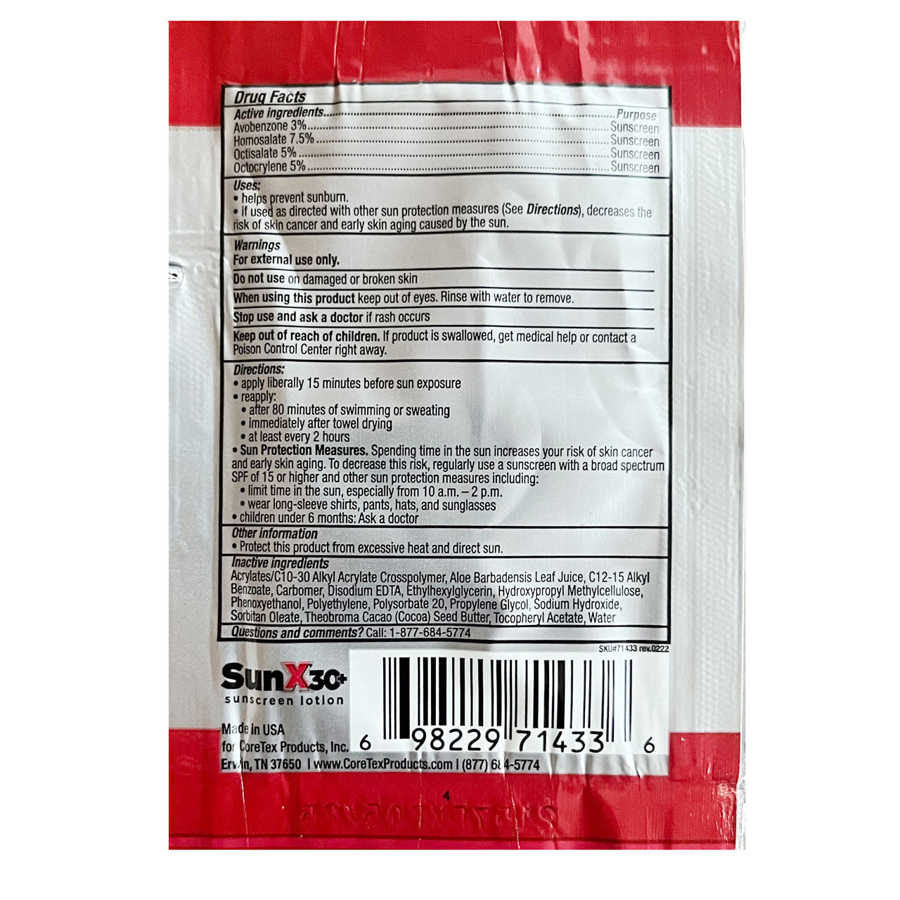 Sunscreen, back of packaging