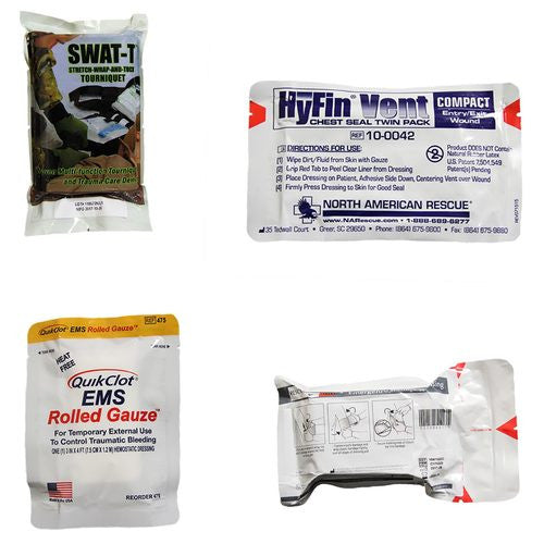 Rescue Essentials Ankle Trauma Kit showing kit contents, SWAT Tourniquet, Israeli bandage, quikclot hemostatic gauze and hyfin chest seal.