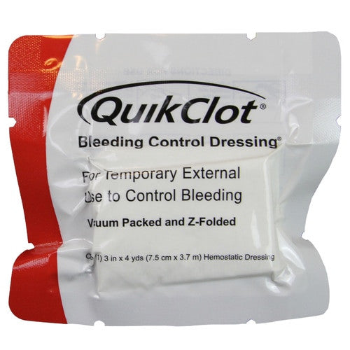 Combat Gauze hemostatic dressing by QuikClot z-folded 3 inch x 4 yards package front