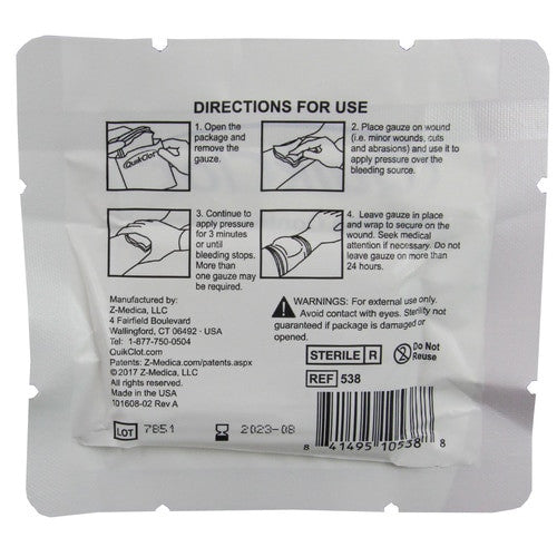 Combat Gauze hemostatic dressing by QuikClot z-folded 3 inch x 4 yards package back
