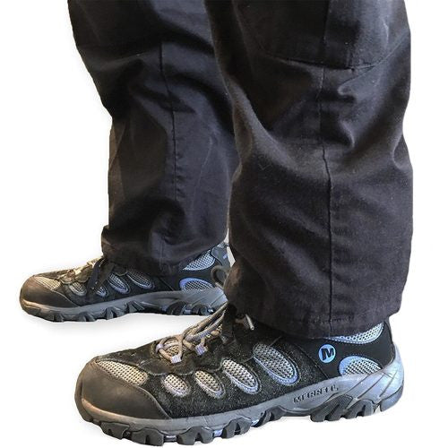 Rescue Essentials Tactical Ankle Medical Kit by rescue essentials shown with medical products in it mounted on an ankle concealed by cargo pants side view