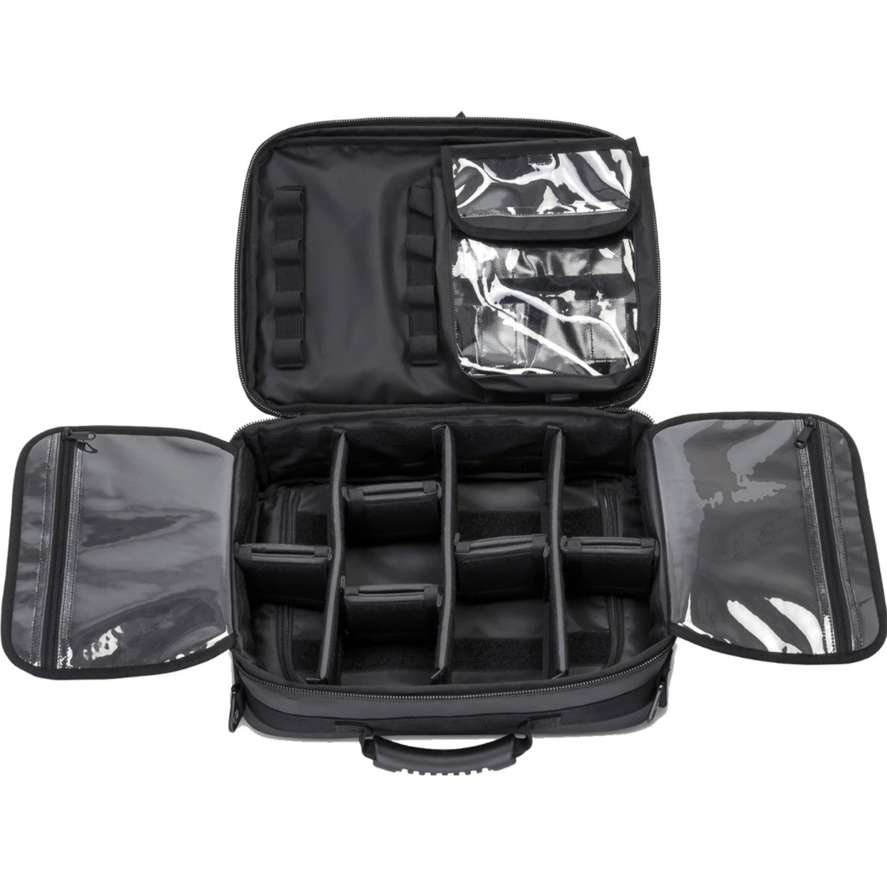 Meret G2 Pro X medical supply shoulder bag, black, with main compartment open showing the included dividers and internal organization