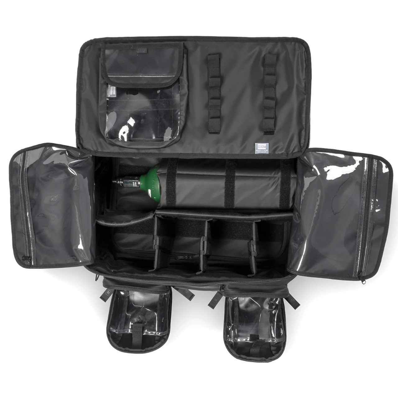 OMNI PRO X Bag by Meret in black color top view of main compartment, showing dividers with no products