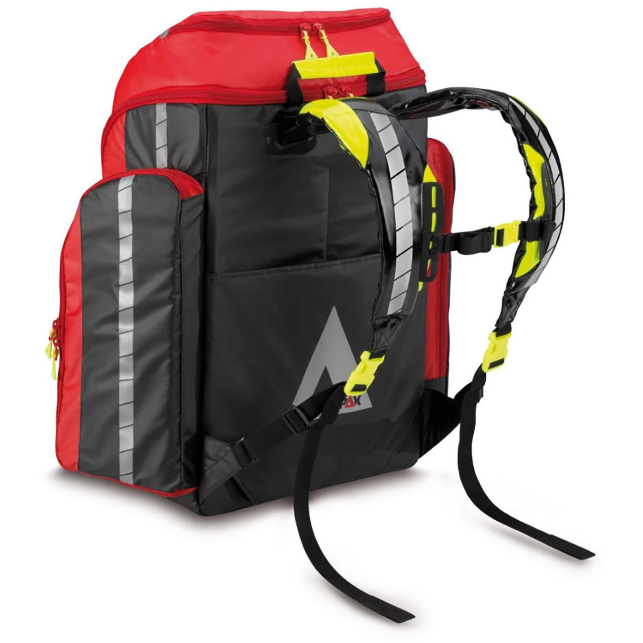 PAX Flight Medic red backpack, backside view, straps extending outwards.