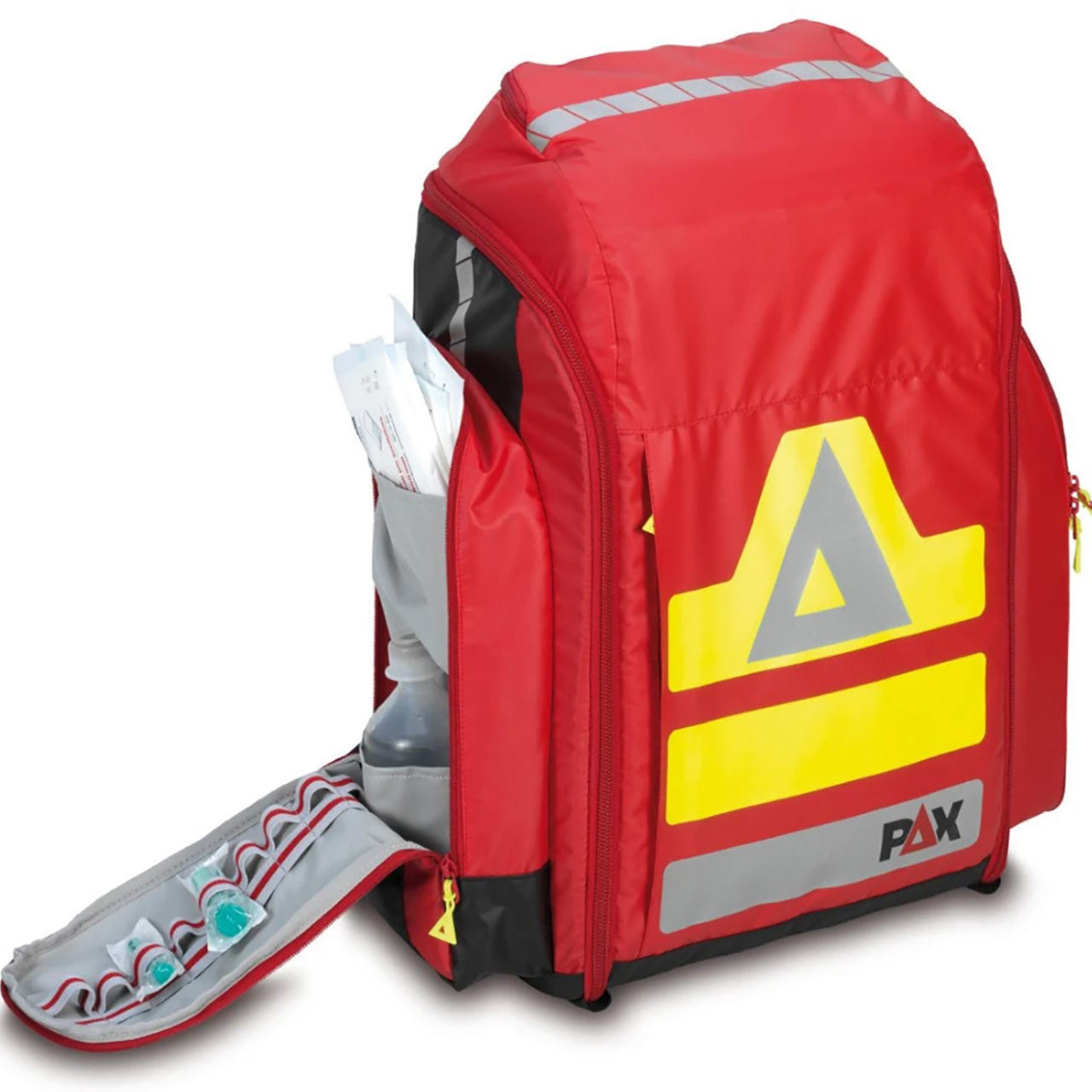 PAX Flight Medic red backpack, front view, small side pocket flap open.