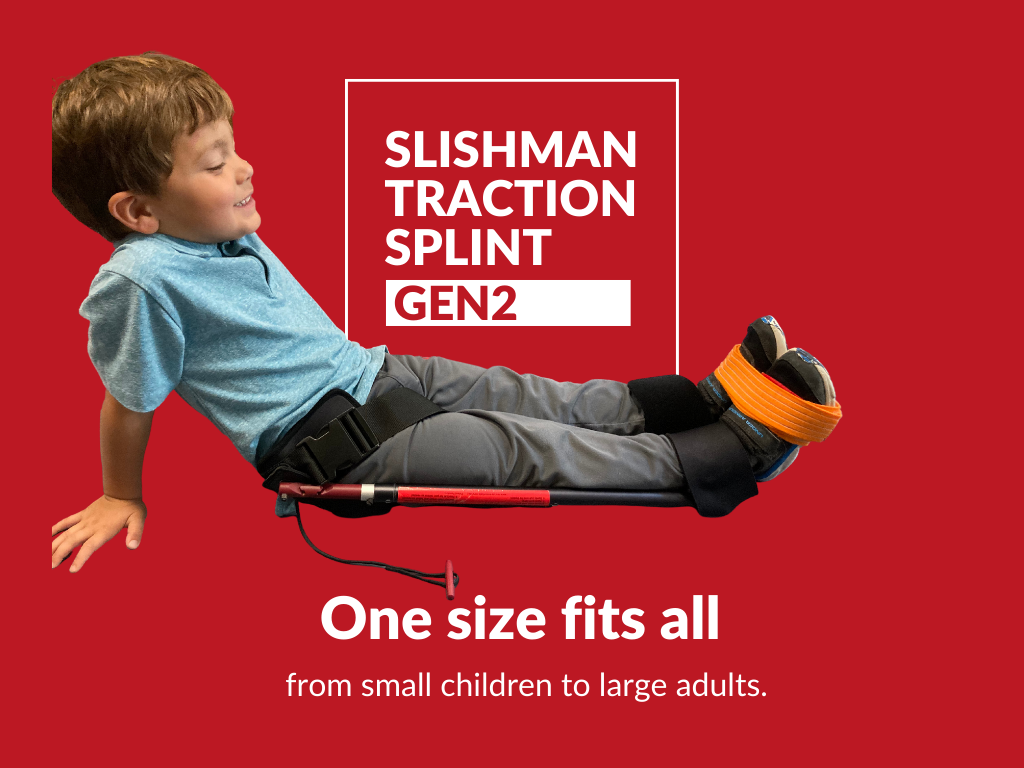 The Slishman Traction Splint (STS) Gen2 graphic with child, one size fits all