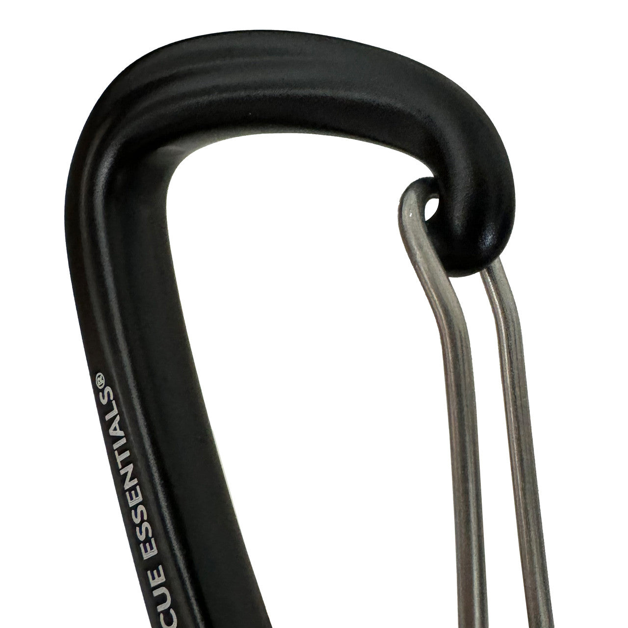 Rescue Essentials Logo Carabiner, close up