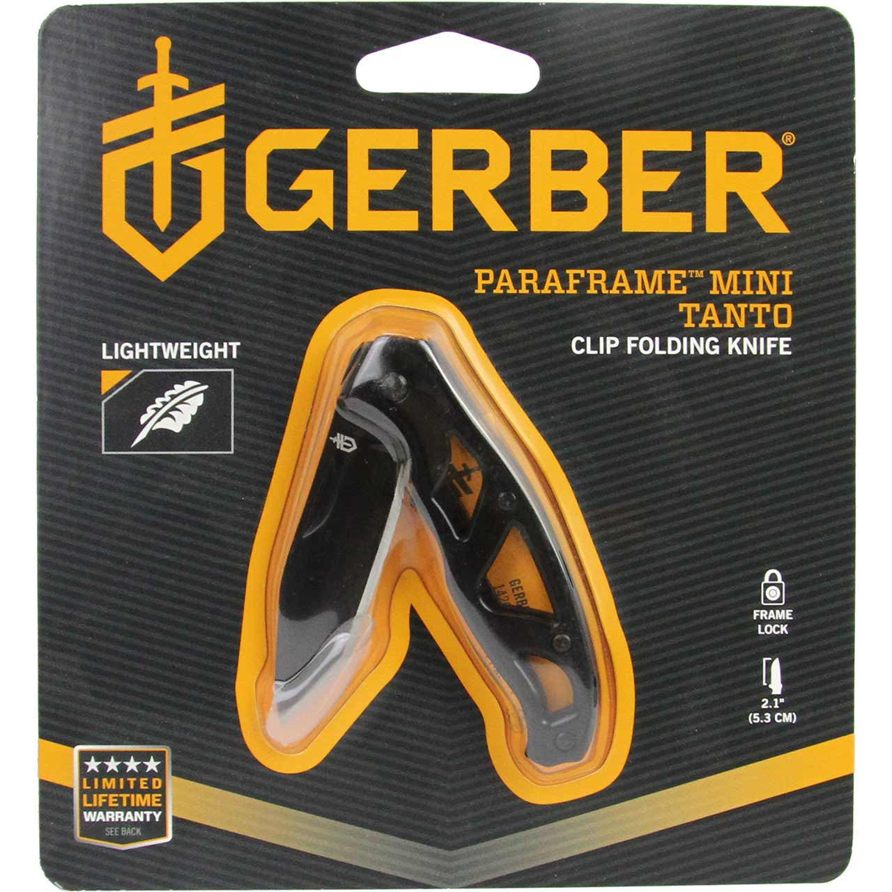 Gerber Paraframe Mini Tanto Blade Knife, packaged - front