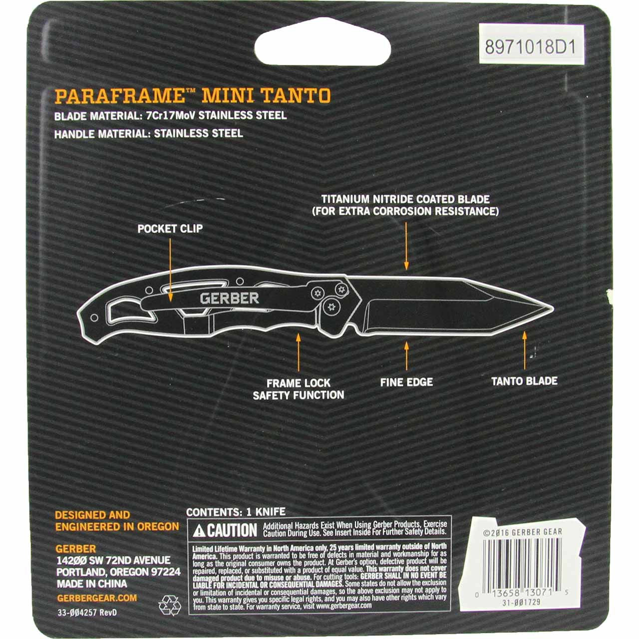 Gerber Paraframe Mini Tanto Blade Knife, packaged - back