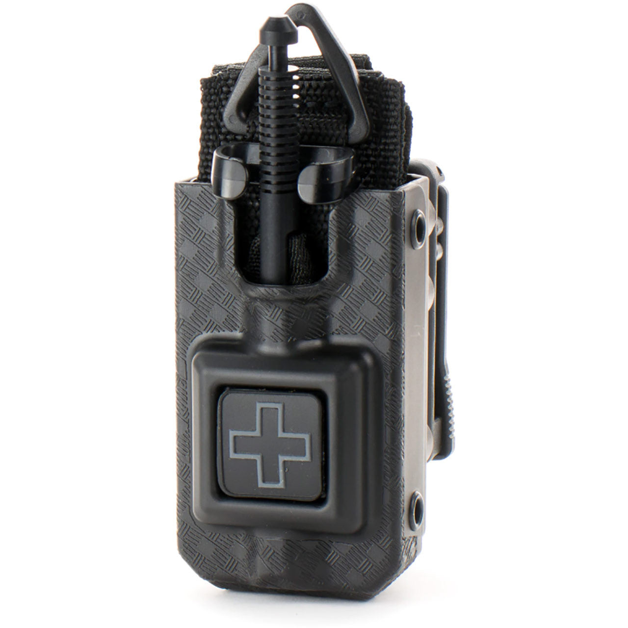 RIGID SOFTT-W Tourniquet Case, black with basket weave pattern and gray cross. tourniquet not included