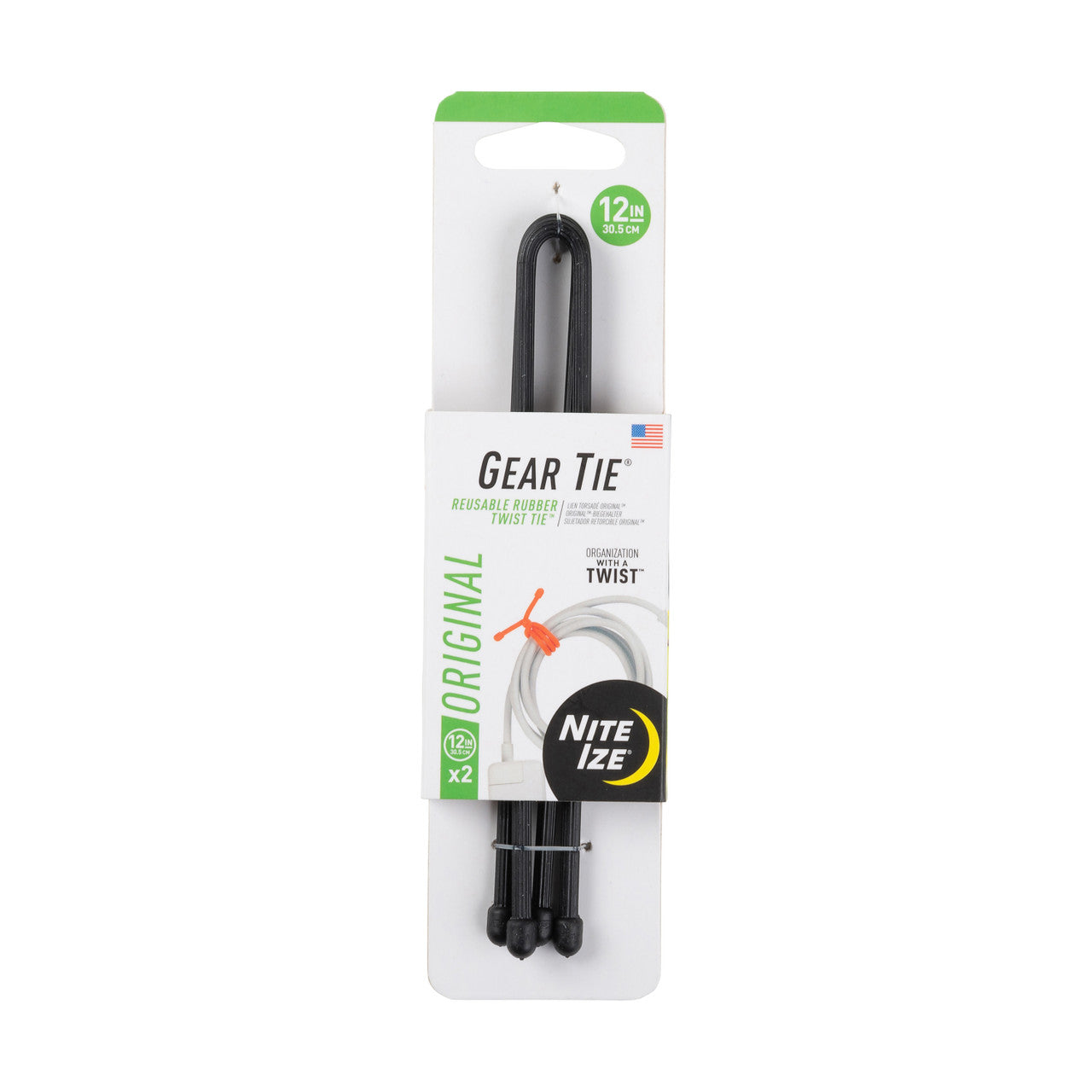 Gear Tie Reusable Rubber Twist Tie 12 in, Black - 2pack (front)