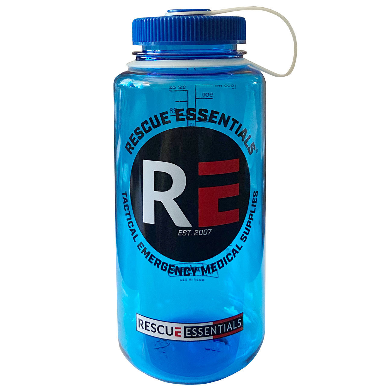Rescue Essentials Wide Mouth Nalgene Bottle, blue and white lid, front